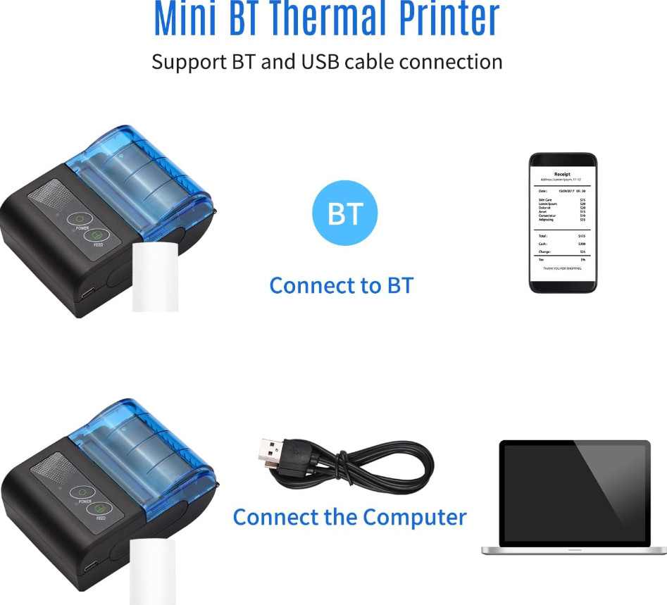 Portable Mini USB & BT 58mm Thermal Receipt Printer & Paper Rolls