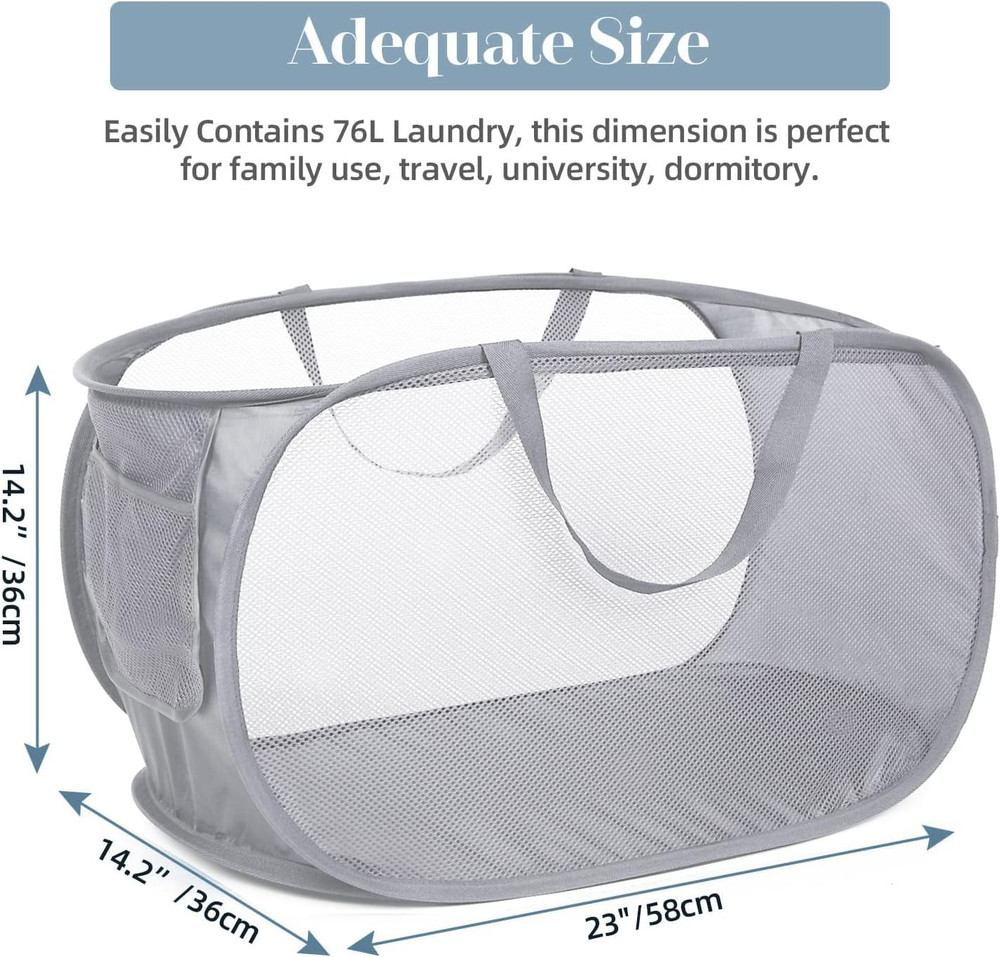 Durable Collapsible Laundry Baskets, Mesh Pop Up Laundry Hamper with Side Pocket