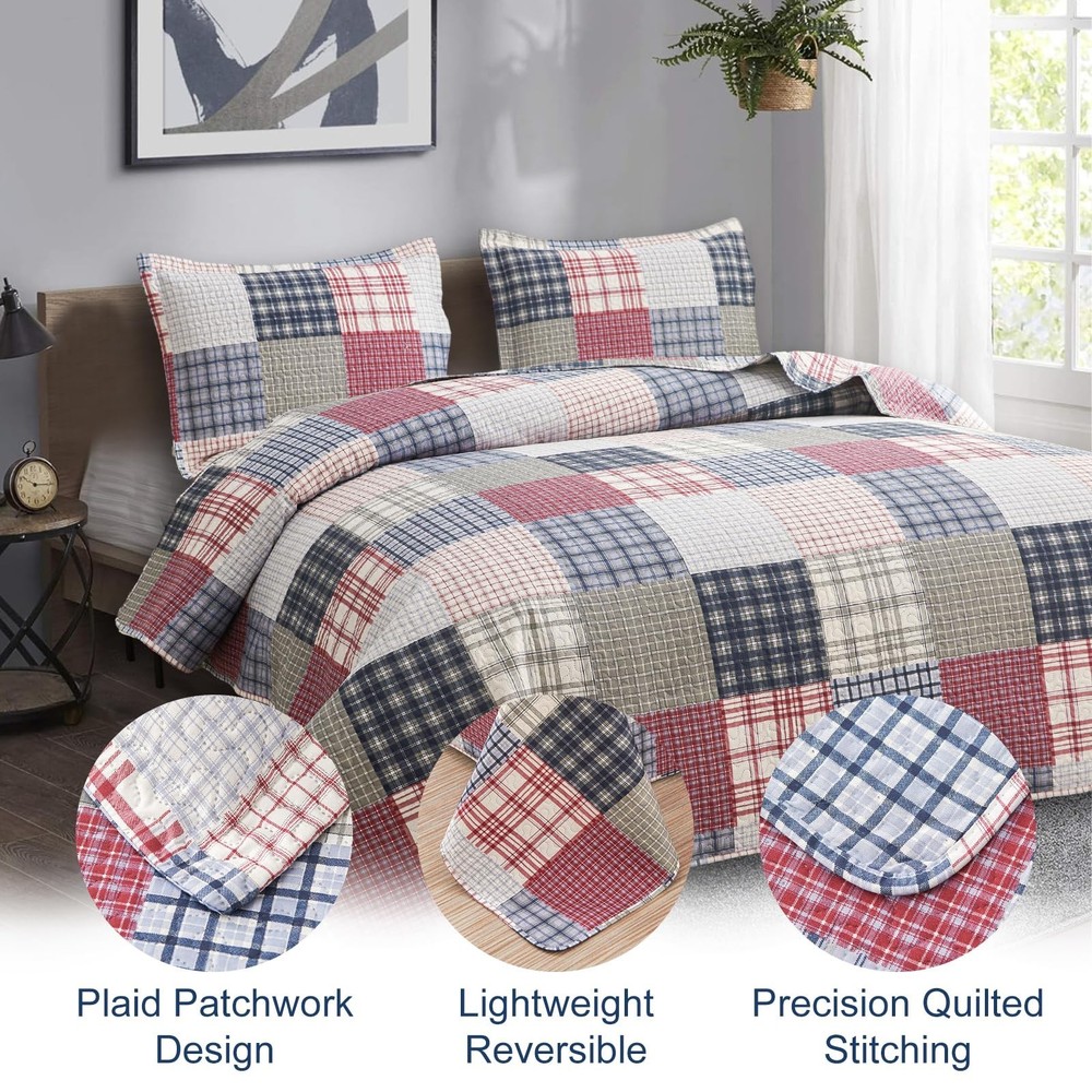 Plaid Quilt Set - Queen Size Patchwork Bedspread and Coverlet - Reversible, S...