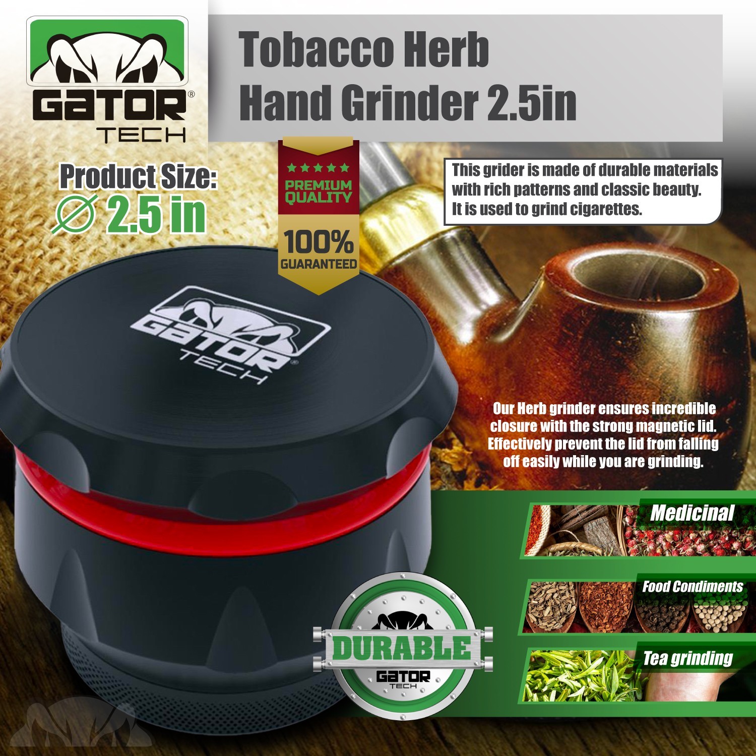 Tobacco Herb Grinder Spice Herbal Metal Crusher 2.5” Large Hand Handle Muller