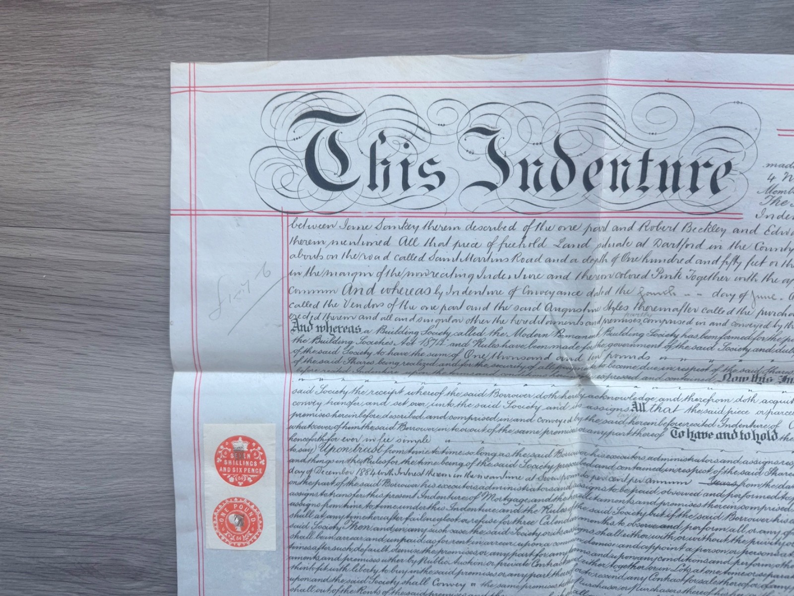 St martins Road Dartford Kent Vellum Indenture 1884 Styles to Building Society