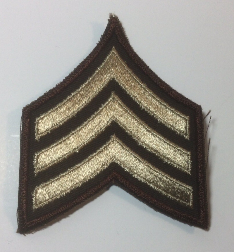 (2) Sergeant Chevron Schiffli Patch - 3 Tan Stripes on Dark Brown Twill & Border