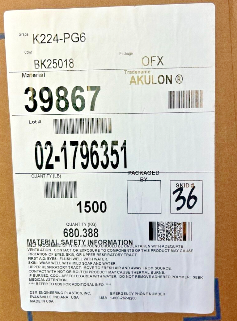 Akulon plastic injection mold pellets Polyamide Nylon Black 30% glass 10 lb