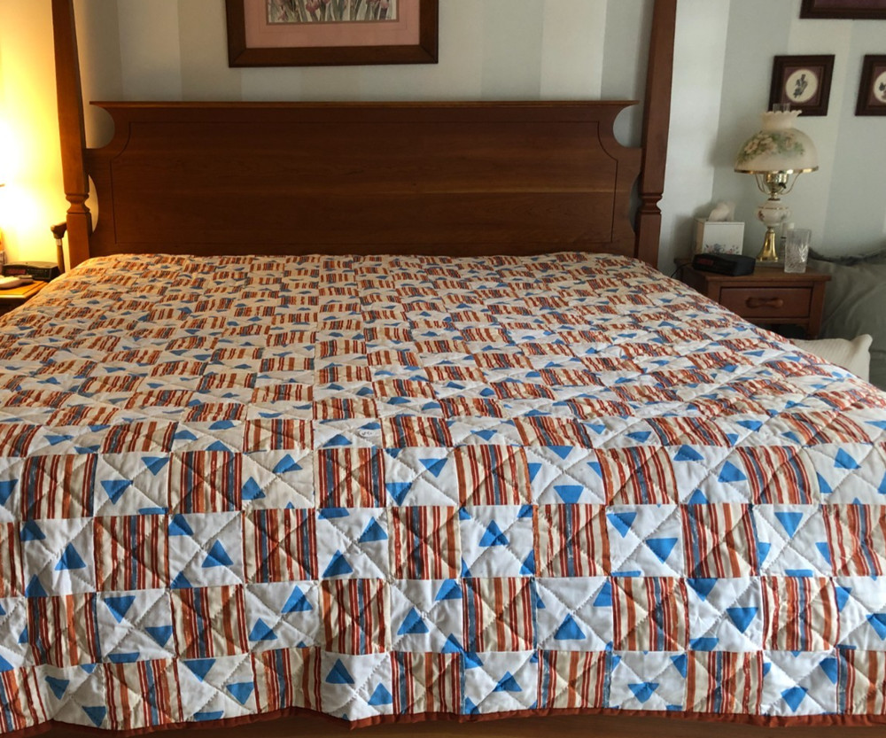 Reversable Rust White and Blue Quilt "Diamond" 85 x 100