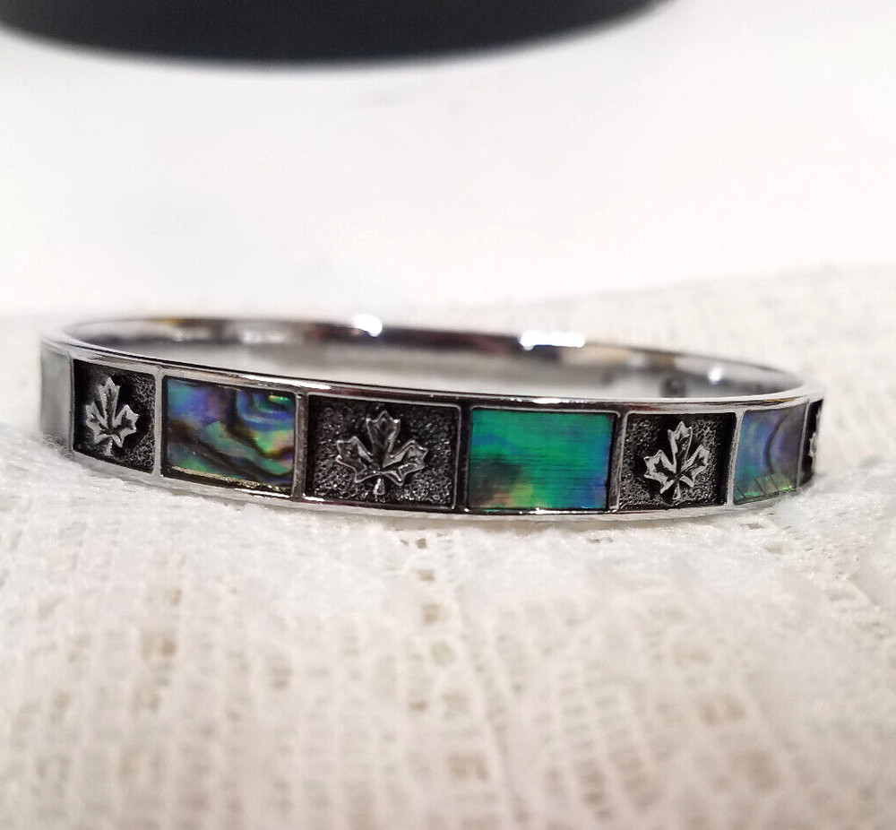 Vintage Signed M Bangle Abalone Shell Inlay Silver Tone Maple Canada Leaf 2-1/2"