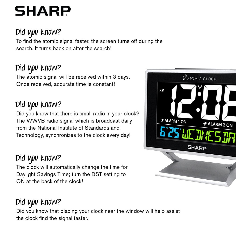 Sharp Desktop Dual Alarm Clock with Color Display - Atomic Small, Silver