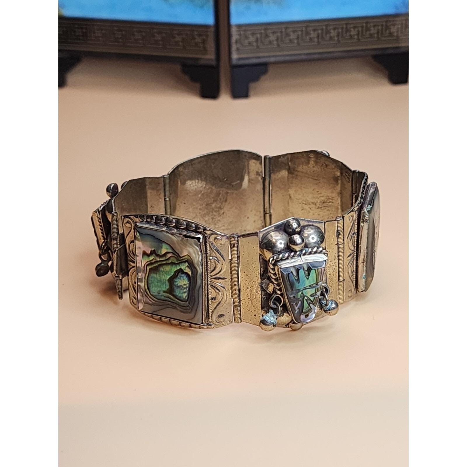 70 Yr Old TAXCO MEXICO Sterling Silver Abolone Bracelet & Earrings Set 61.66 Gr.