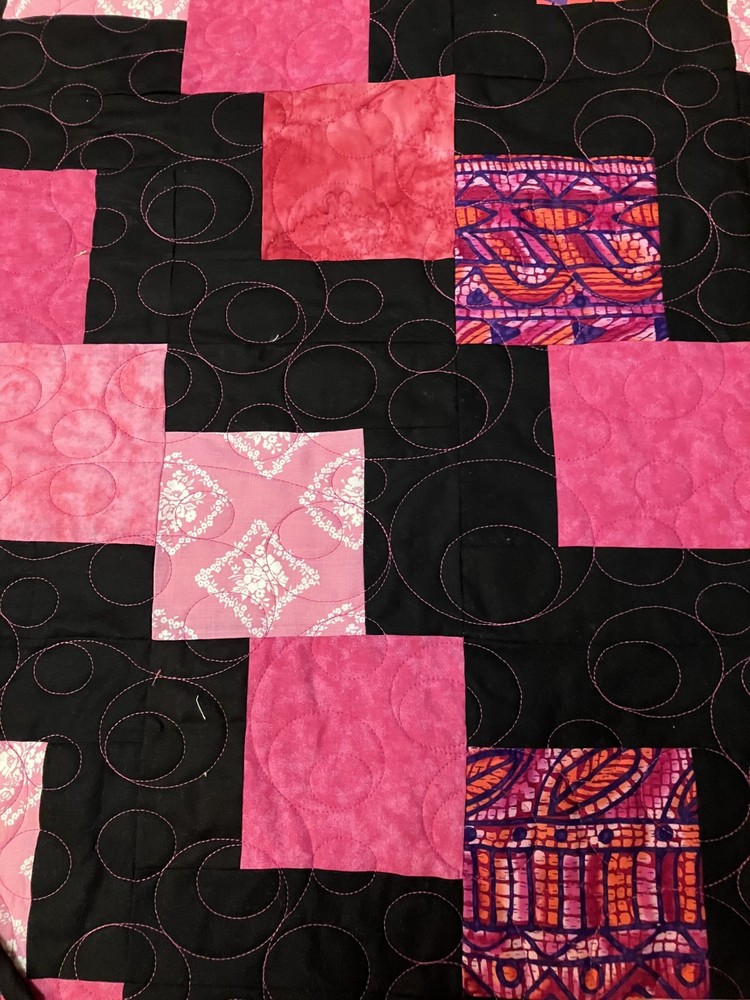 Hot Pinks and Black Falling Charm patchwork Quilt Twin/Full size 71" X 84"