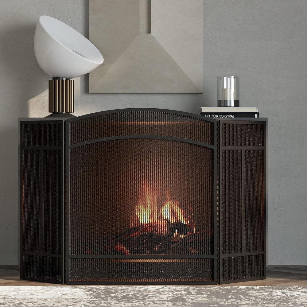 Durable Wrought Iron Fireplace Screen - 3 Panels, Foldable with Arched Top