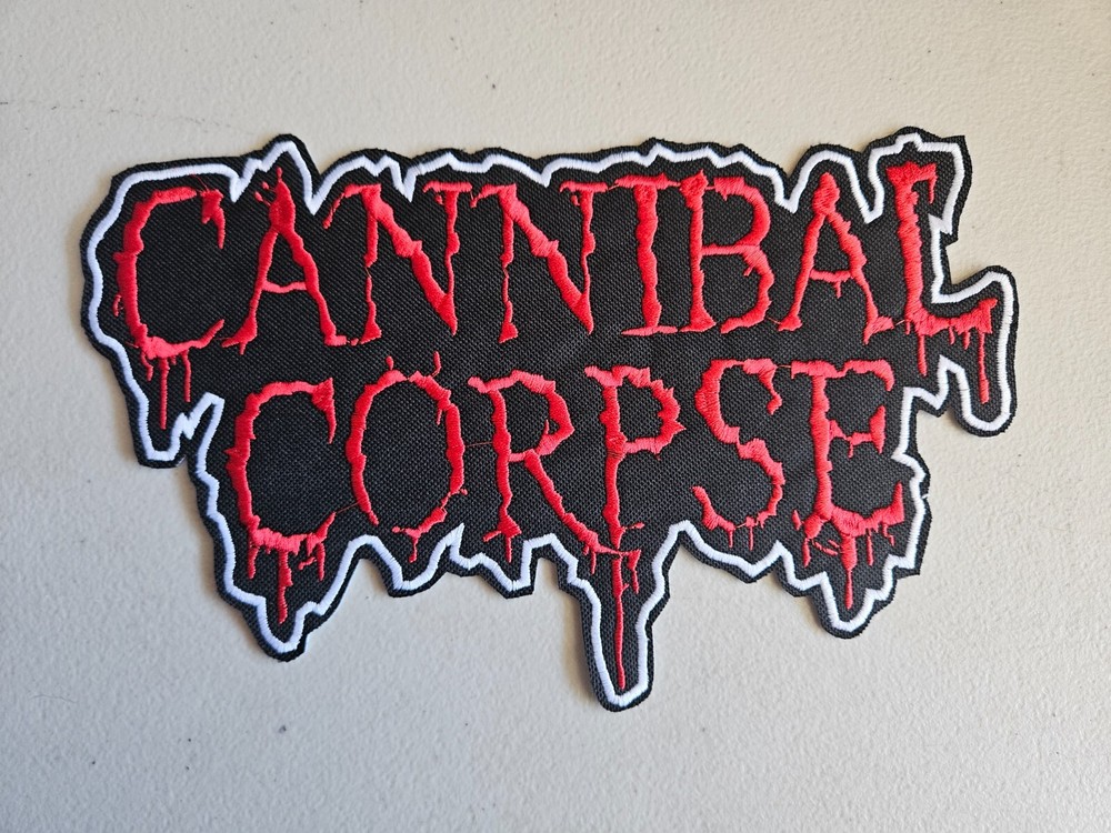 CANNIBAL CORPSE, SEW ON RED WITH WHITE BORDER EMBROIDERED LARGE BACK PATCH