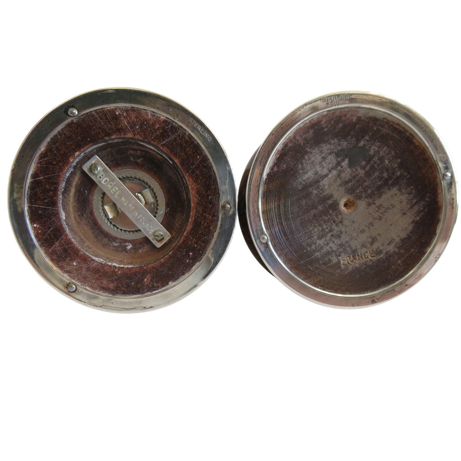 Vintage Borel Tall Sterling Silver Wood Pepper Mill Salt Shaker Set French Maker