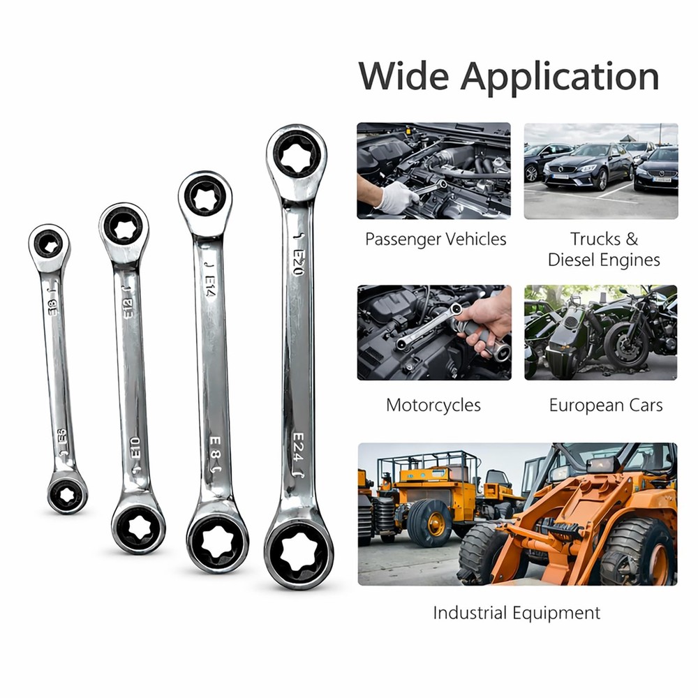E-Torx Double Box Ratcheting Wrench Set, 4 Sets 72-Tooth Dual Head E6 E8 E10