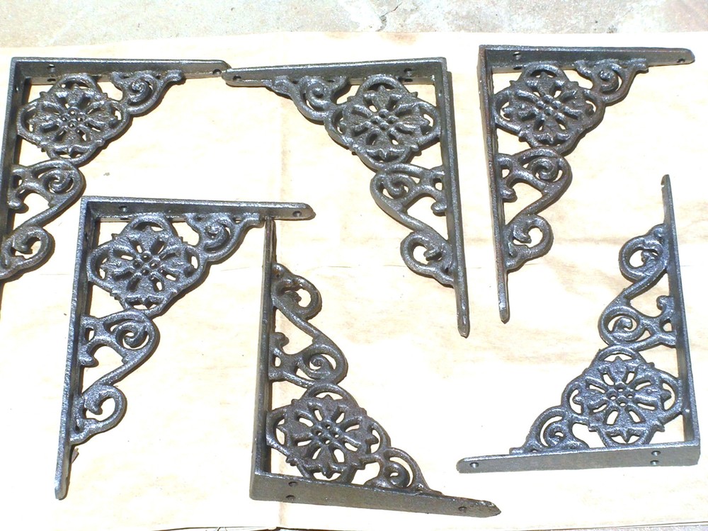 SIX Cast Iron Wall Shelf Brackets, small braces, corbels, Gray