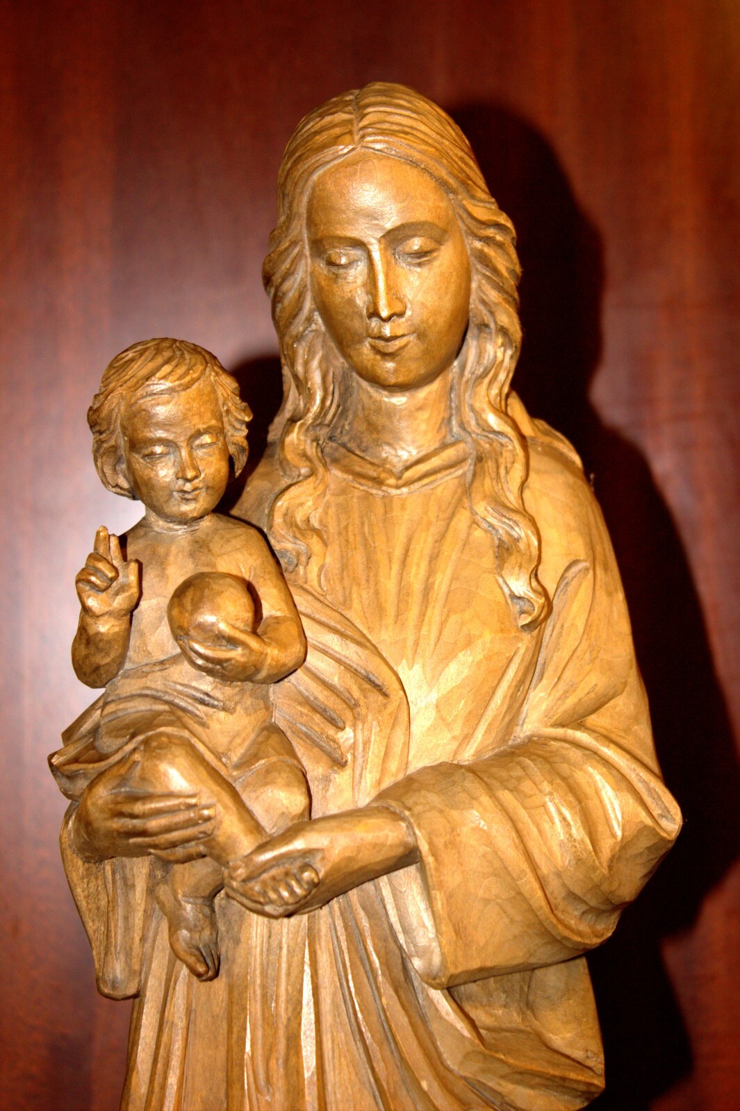 ANTIQUE 20" HAND CARVED WOOD CATHOLIC VIRGIN MARY OUR LADY JESUS STATUE FIGURE