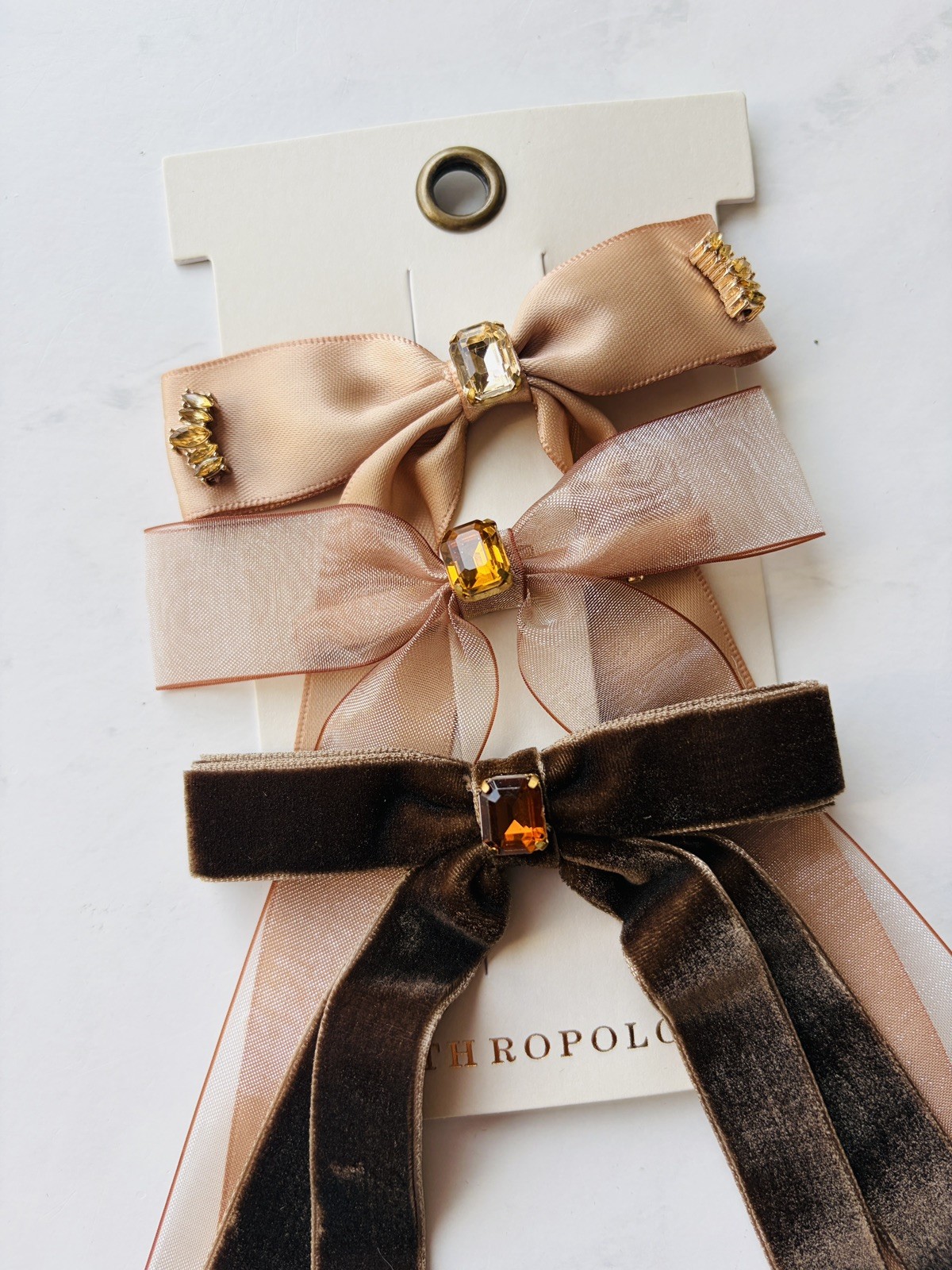 NWT Anthropologie Gemstone Bow Hair Clips Set of 3 Brown