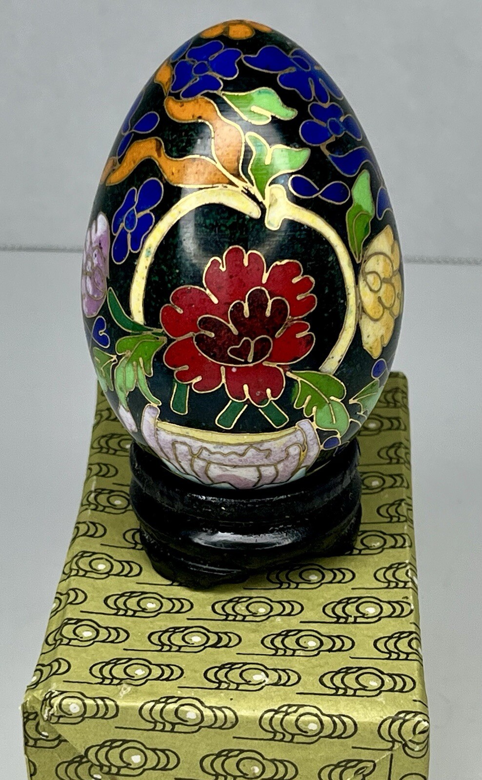 Vintage Chinese Black Cloisonné Enamel Copper Egg Pink Flowers Wood Stand In Box