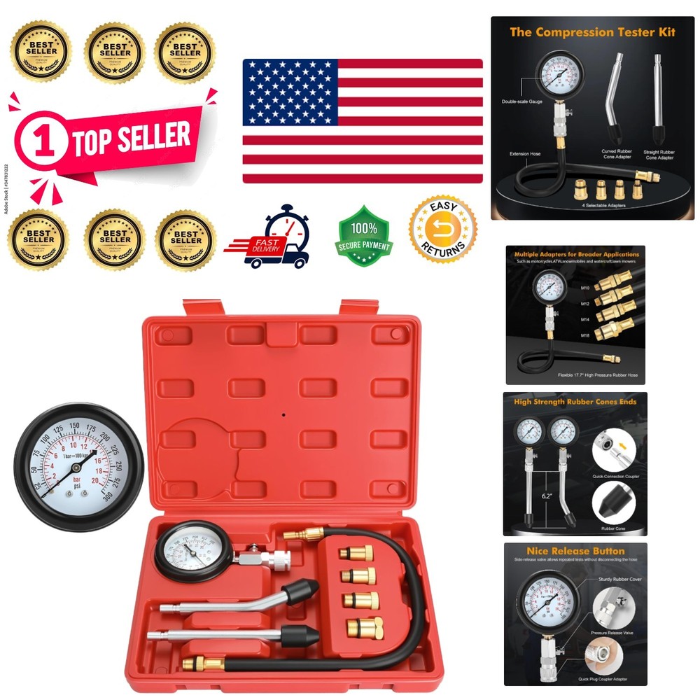 Precision Petrol Engine Compression Tester - 8pc Kit with Adapters Included