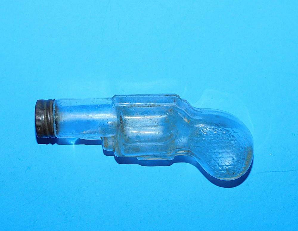 ANTIQUE GLASS PISTOL CANDY CONTAINER WITH METAL CAP EMPTY