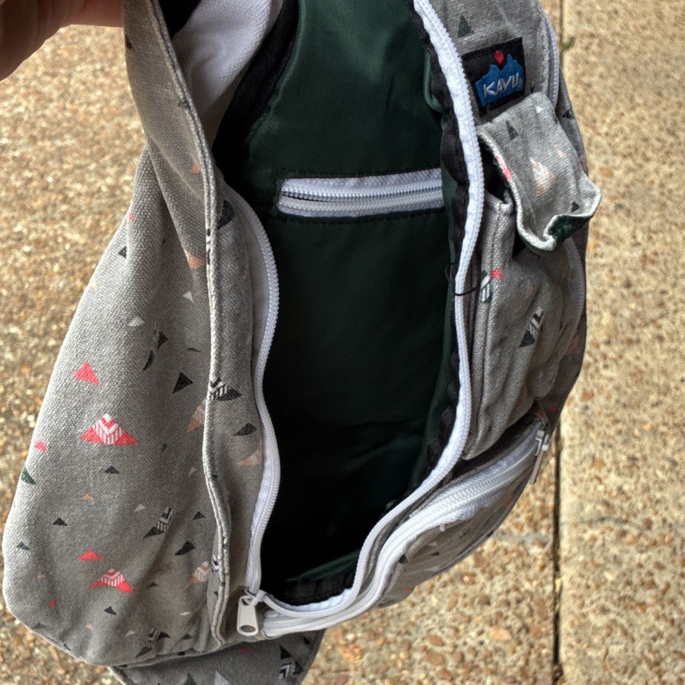 KAVU Gray Crossbody Backpack, Adjustable Strap, Multicolor Print, 3 Pockets