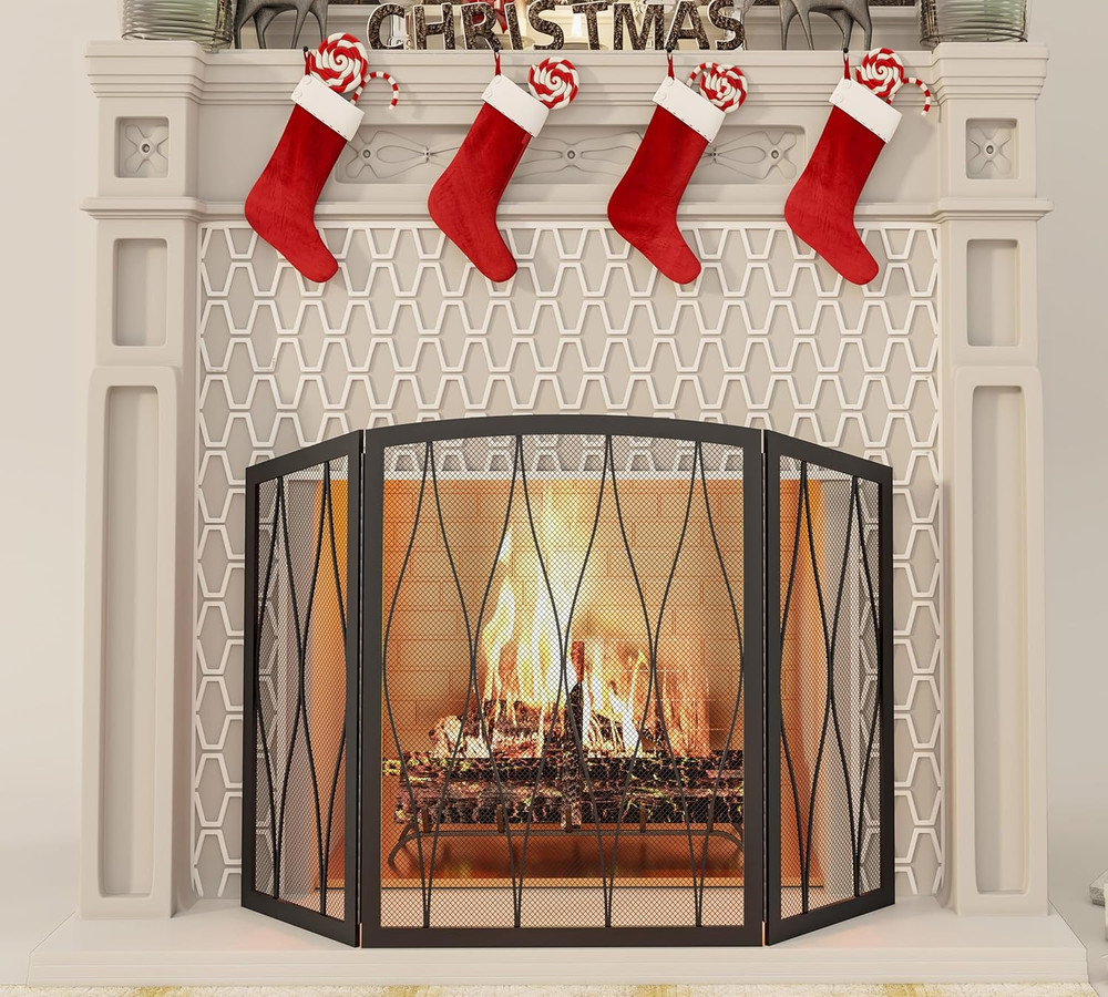 Modern 3-Panel Childproof Wrought Iron Fireplace Screen - Black Spark Guard
