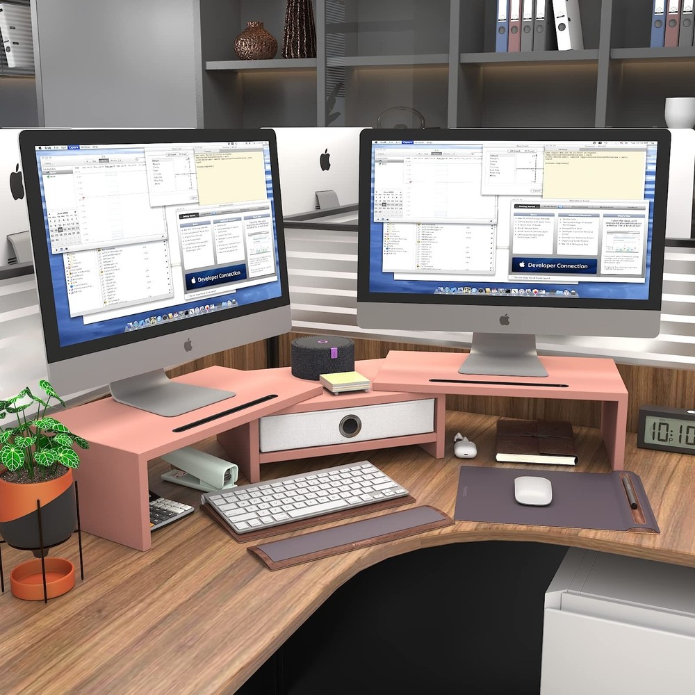 WESTREE Dual 3 Shelf Computer Riser with Drawer, Adjustable Length and Angle,...