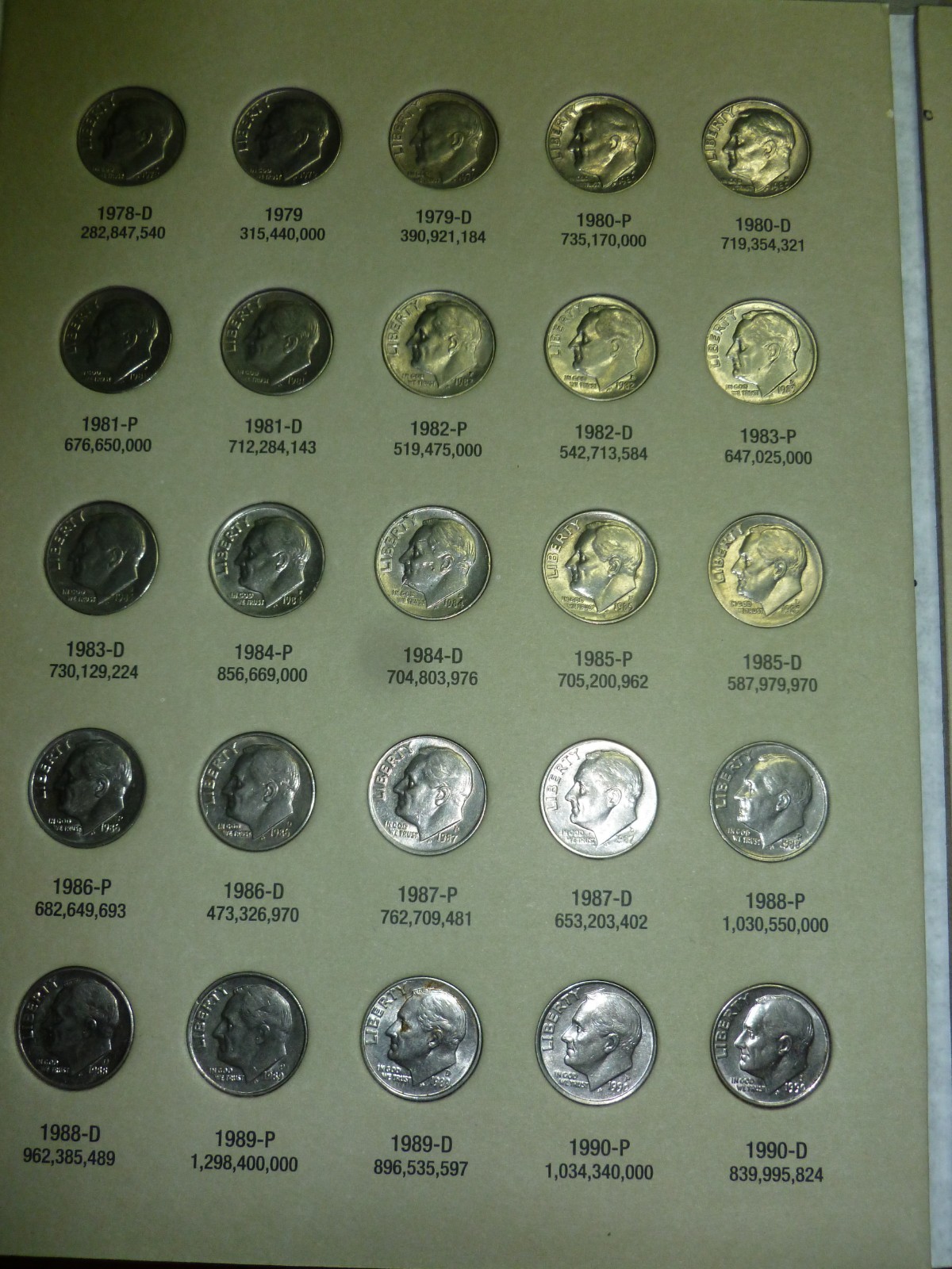 1965 to 1999 Roosevelt Dime Set coins. #F21-65 COMPLETE