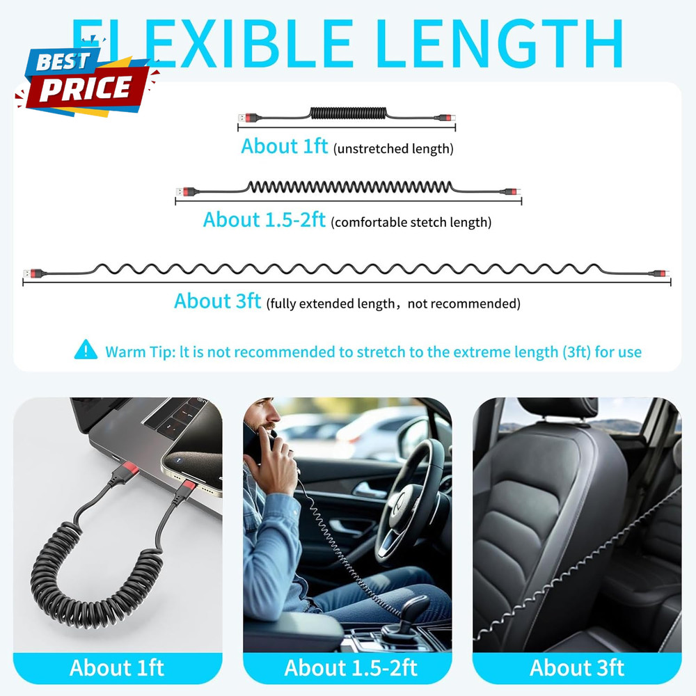 Coiled USB C Cable for Car, 2 Pack Type C Coiled Cable Fast Charging, USB to USB
