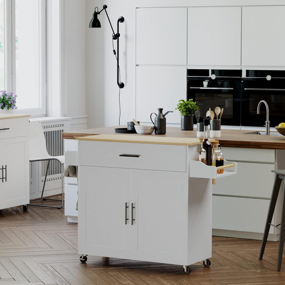 Rolling Kitchen Island Table on Wheels with Drop Leaf, Storage Cabinet, Drawer,