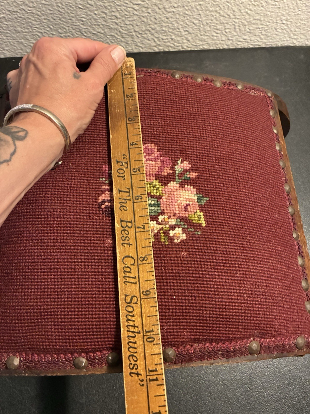 19th C. Antique Victorian Stud Accents Footstool Floral Needlepoint Carved Wood