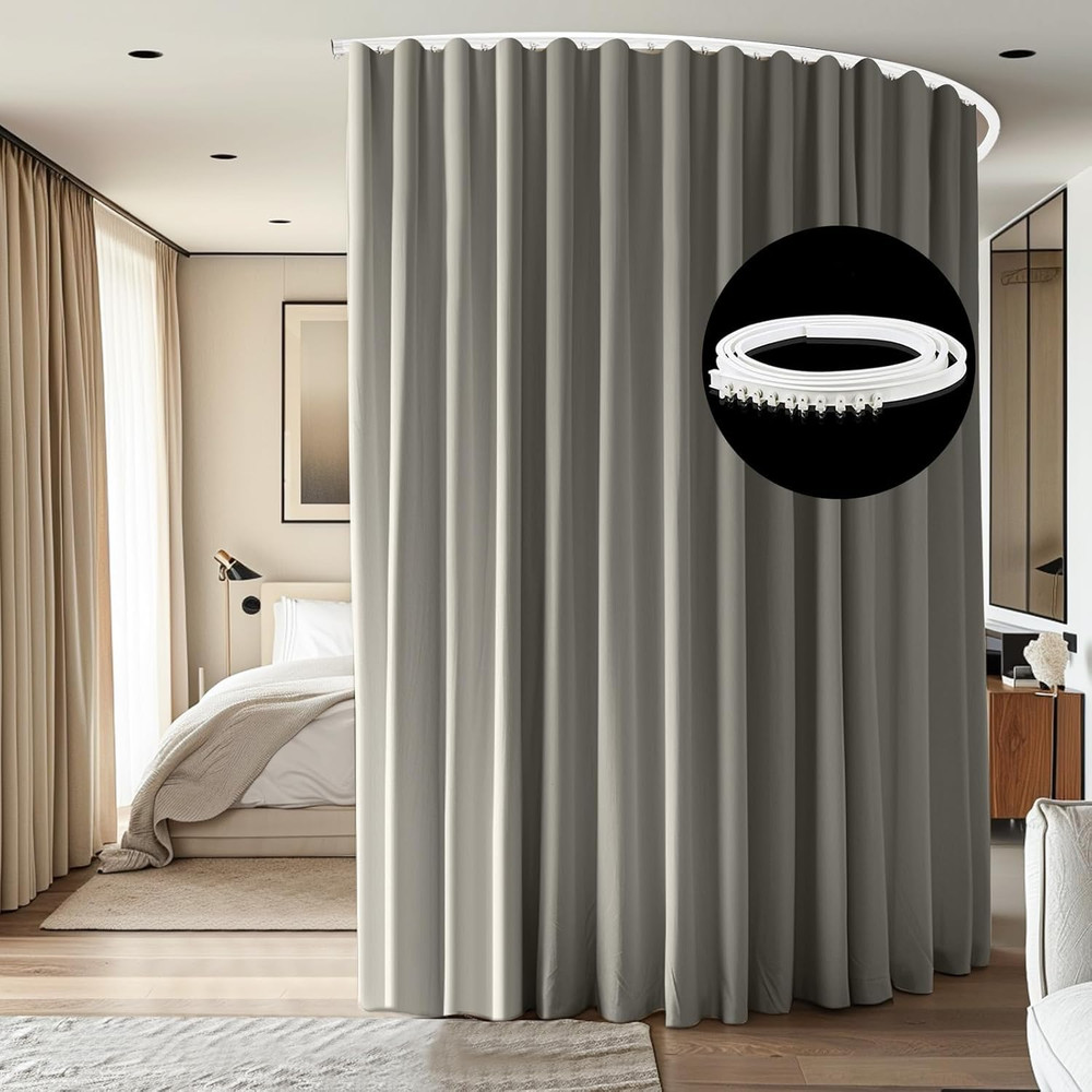 Extra Wide Blackout Curtain Track Set with Light Grey Drape, 10ft High