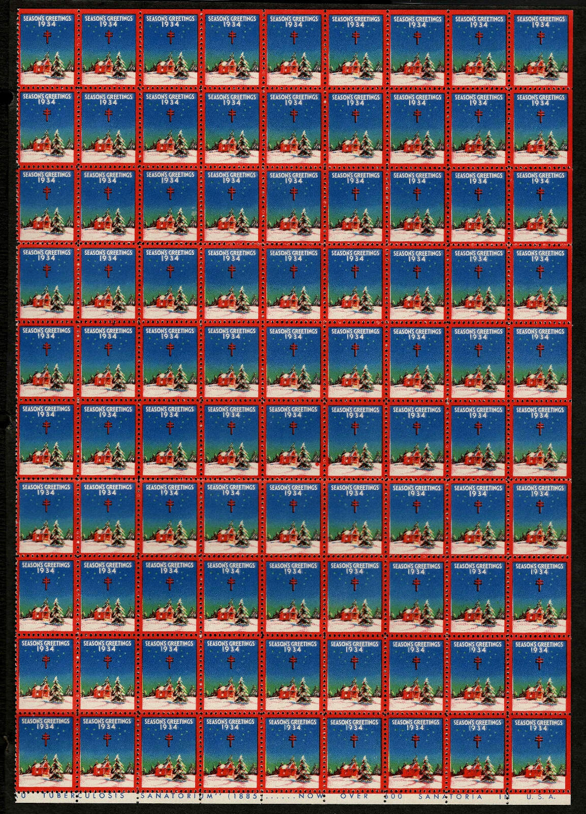 1934 WX75 Winter Night/Snow Partial Sheet of 90 US Christmas Holiday Seals MNH