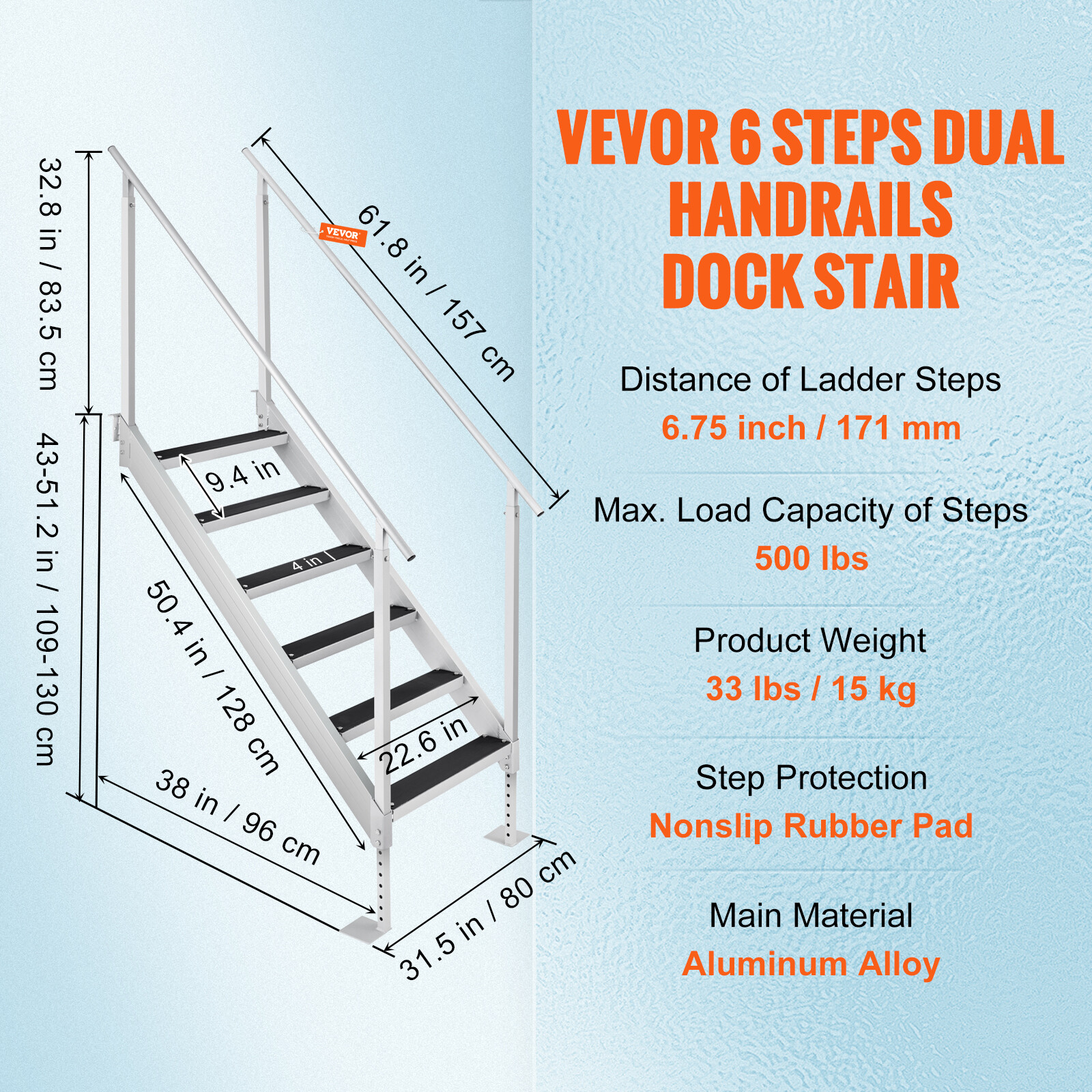 VEVOR Aluminum Dock Ladder Boat Dock Ladder 43-51in Height Adjustable 6 Steps