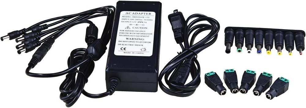 DC Power Adapter, 12V 5A, 5-Way Splitter with Multiple Conversion Heads Black