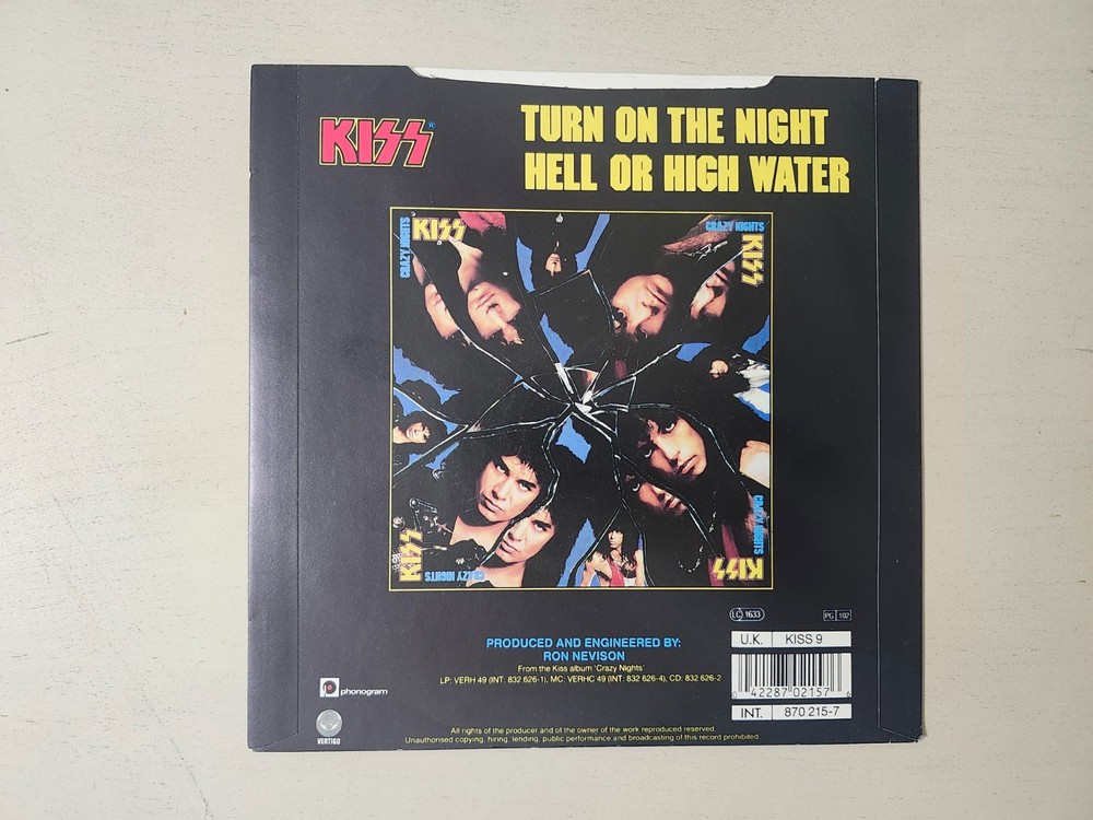 KISS Vintage RARE 1987 Turn On The Night 7" Vinyl 45 + Poster Bag Picture Sleeve