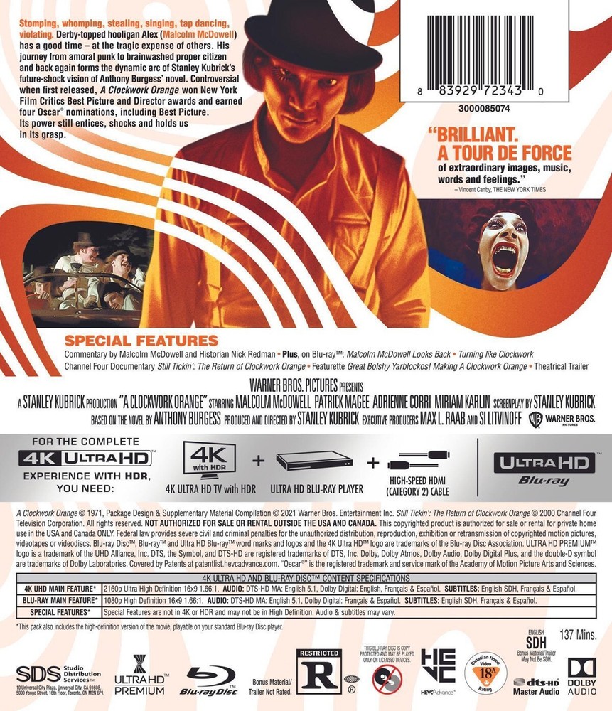 A Clockwork Orange 4K UHD Blu-ray Malcolm McDowell NEW
