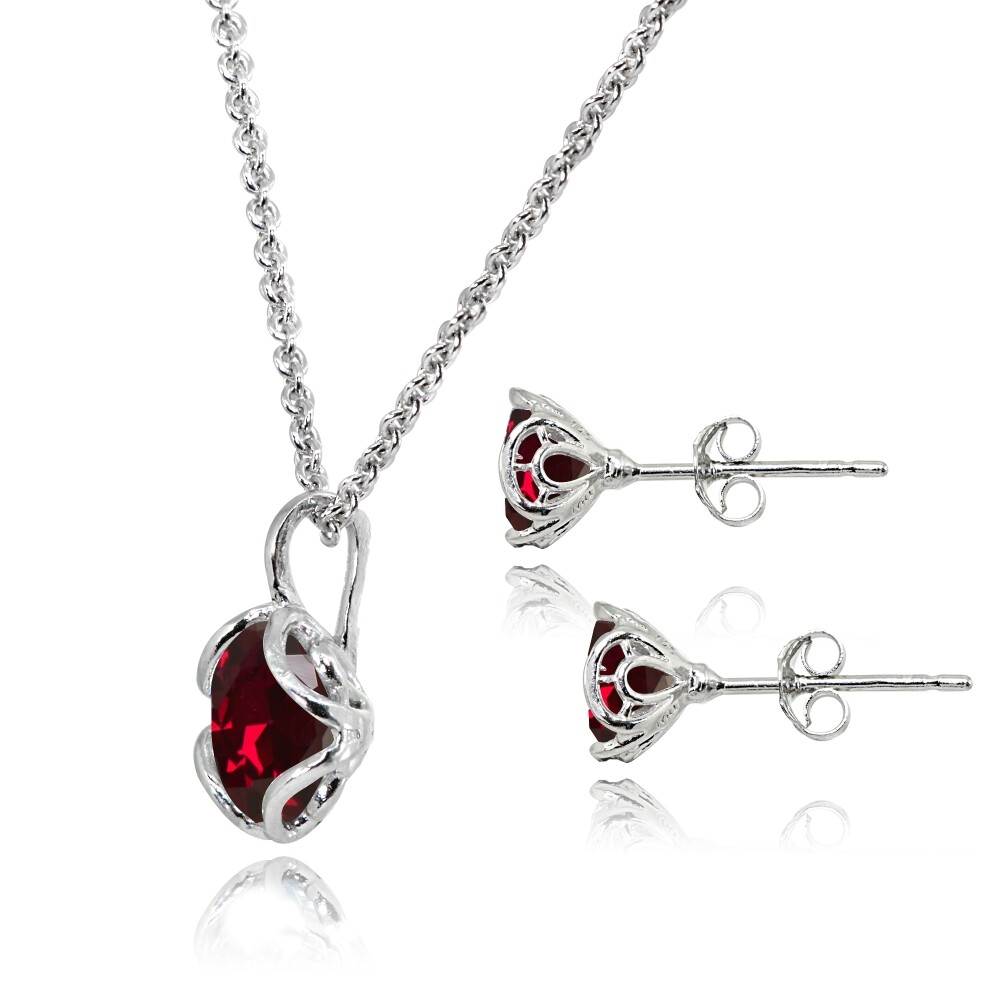 6mm Round Solitaire Created Ruby Sterling Silver Stud Earrings & Necklace Set