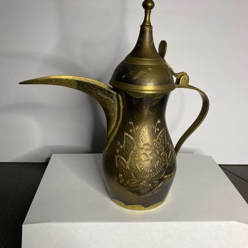 Vintage Solid BRASS DALLAH Etched with Floral Designs 11”Tall !