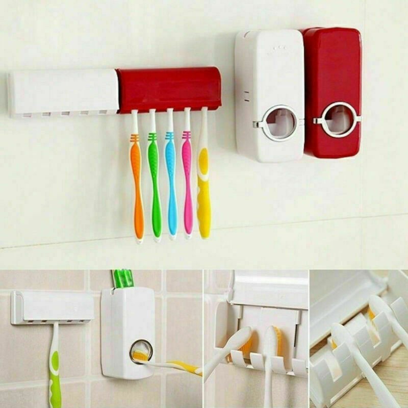 Auto Automatic Toothpaste Dispenser 5 Toothbrush Holder Set Wall Mount Stand