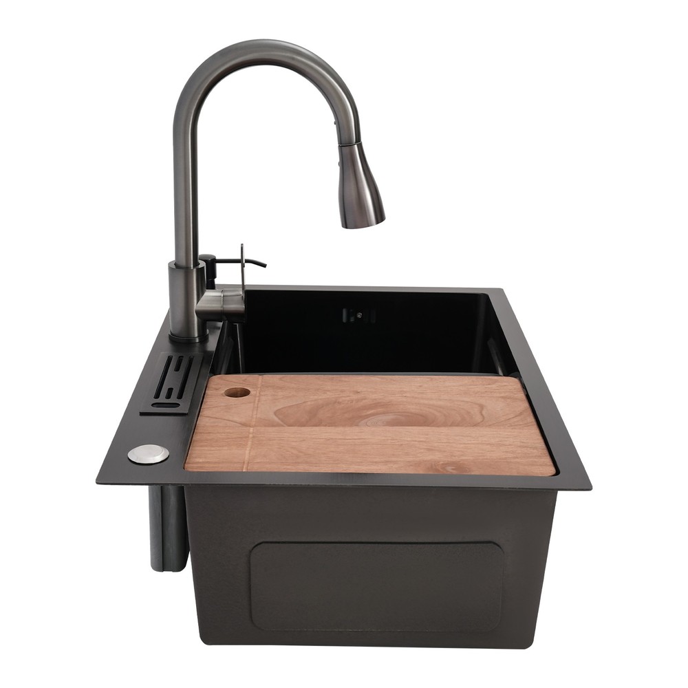 Kitchen Sink Stainless Steel Multifunctional Rectangular Sink w/ Pull-out Faucet