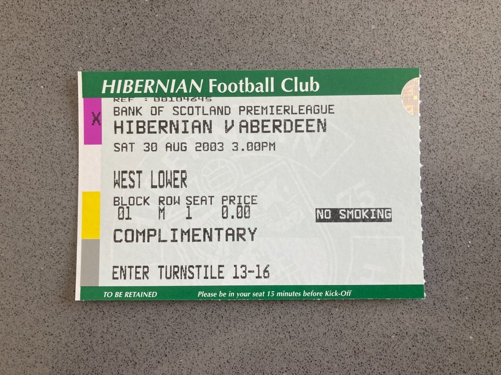 Hibernian v Aberdeen 2003-04 Match Ticket
