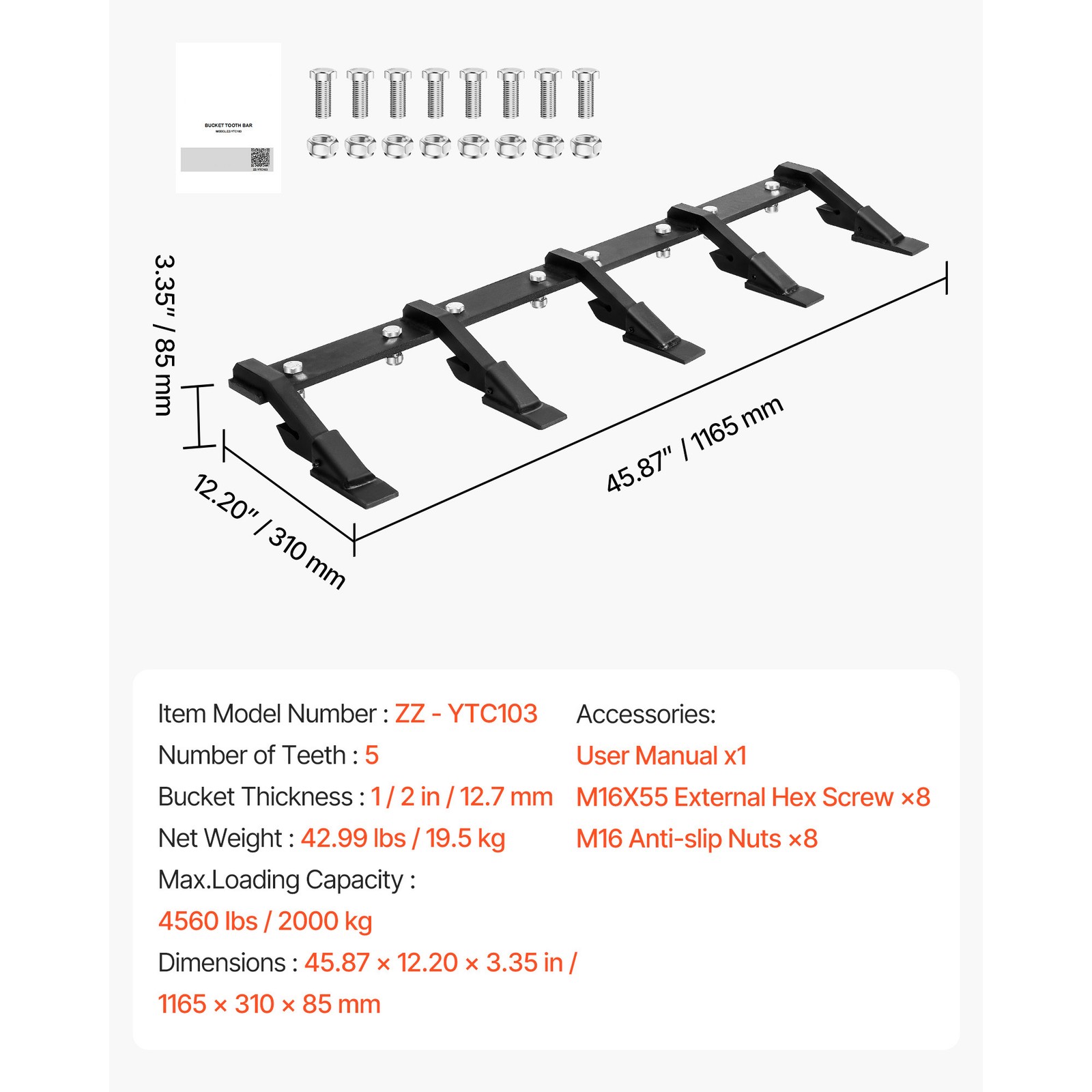 Uimoso Bucket Tooth Bar 46" Tractor Bucket 5 Teeth Bar 4560 lbs Load Capacity