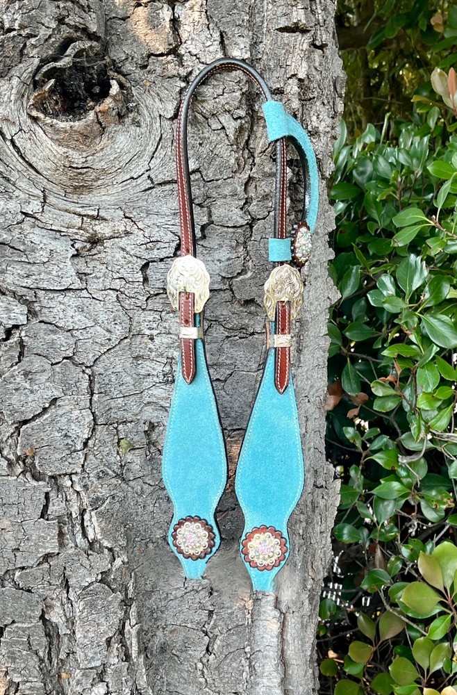 One Eared HEADSTALL ~ SILVER CONCHOS & RHINESTONE Teal/Brown Leather ~ BEAUTIFUL