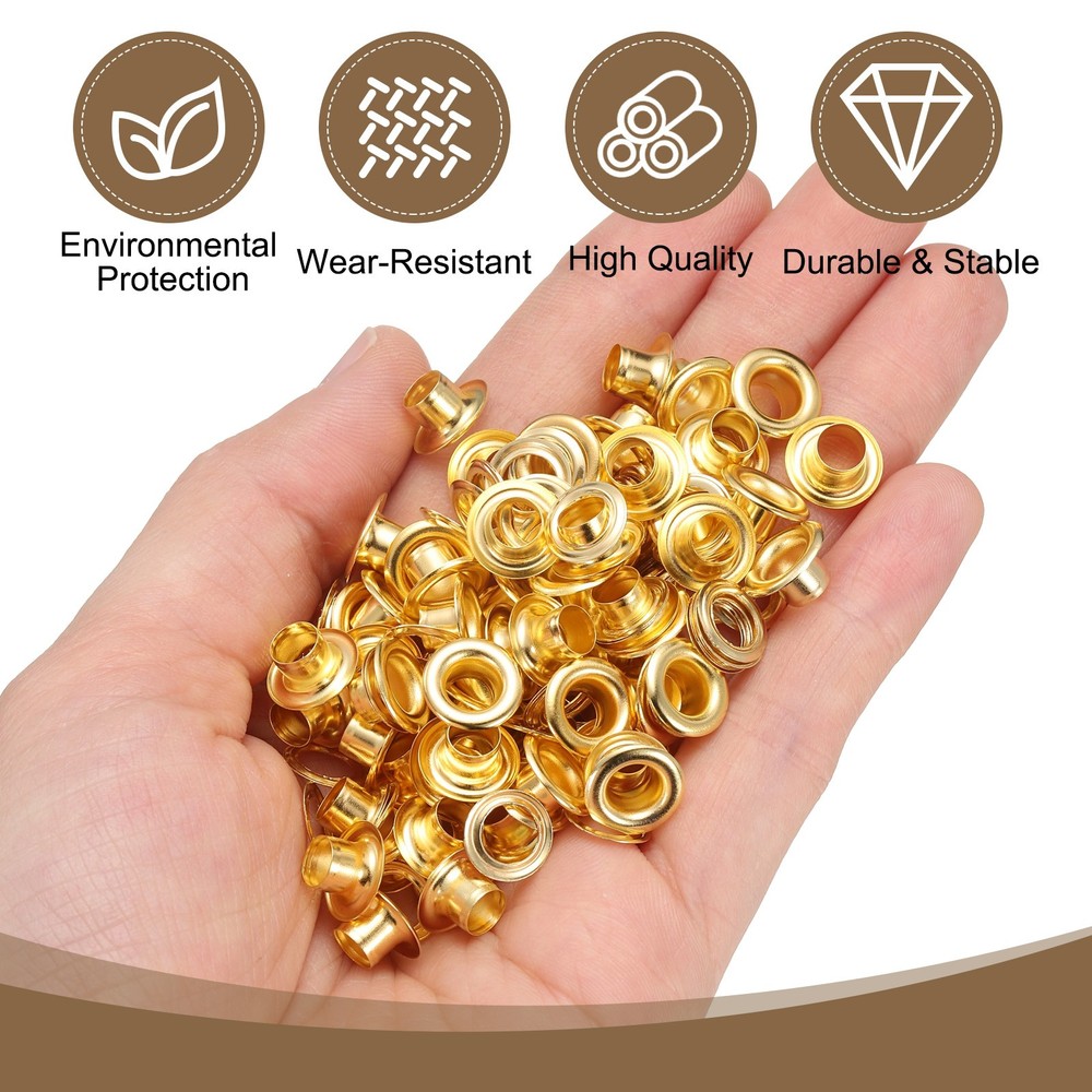100Set Grommets Eyelets Kit 5mm Brass Eyelets with Washers, Gold