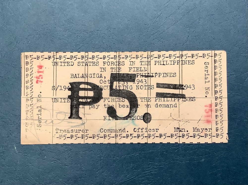 1943 US Philippines 5 Pesos Balangiga , Samar WWII Emergency Note