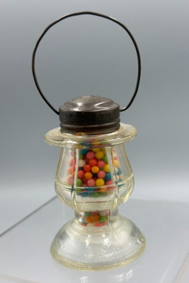 Vintage Long Waisted LANTERN GLASS CANDY CONTAINER A&E 402