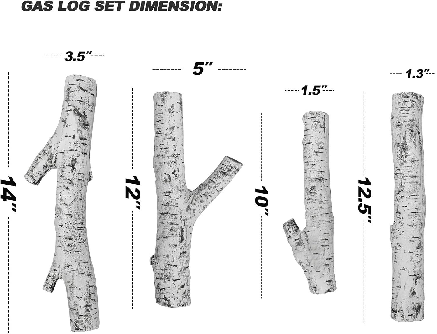 4 Piece Set of Ceramic White Birch Wood Gas Log for All Types of Ventless, Gel,