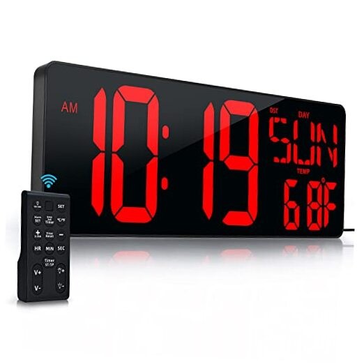 Large Digital Wall Clock with Remote Control 17.2" LED Large Display 17.2in Red