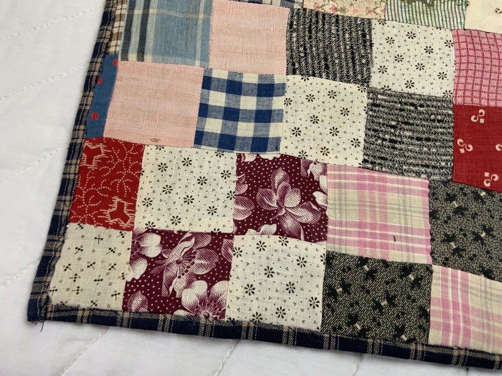 Antique Patchwork Quilt Table Topper, Rectangle, Four Patch, Early Calico Prints