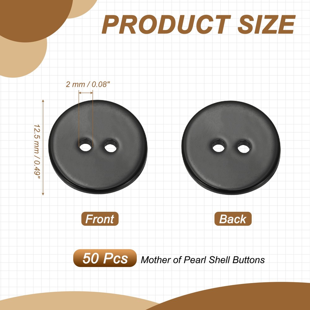 Natural Shell Button 2 Hole Shell Round Sewing Buttons 12.5 mm & 50 Pack & Black