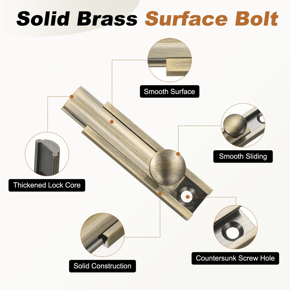 2" Solid Brass Surface Bolt, Brushed Slide Latch Door Lock, Bronze